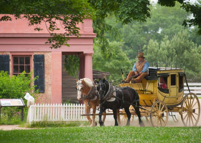 A man riding a yellow horse carriage pulled with a brown and black horses