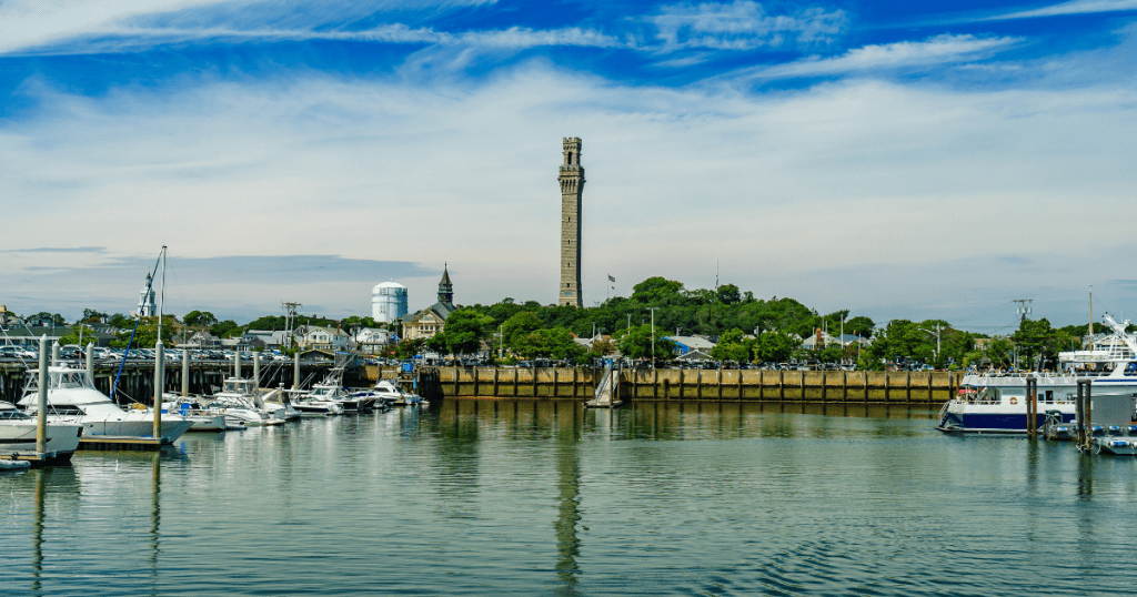 Provincetown Harbor looking towards the Pilgrim Monument in Provincetown, Massachusetts