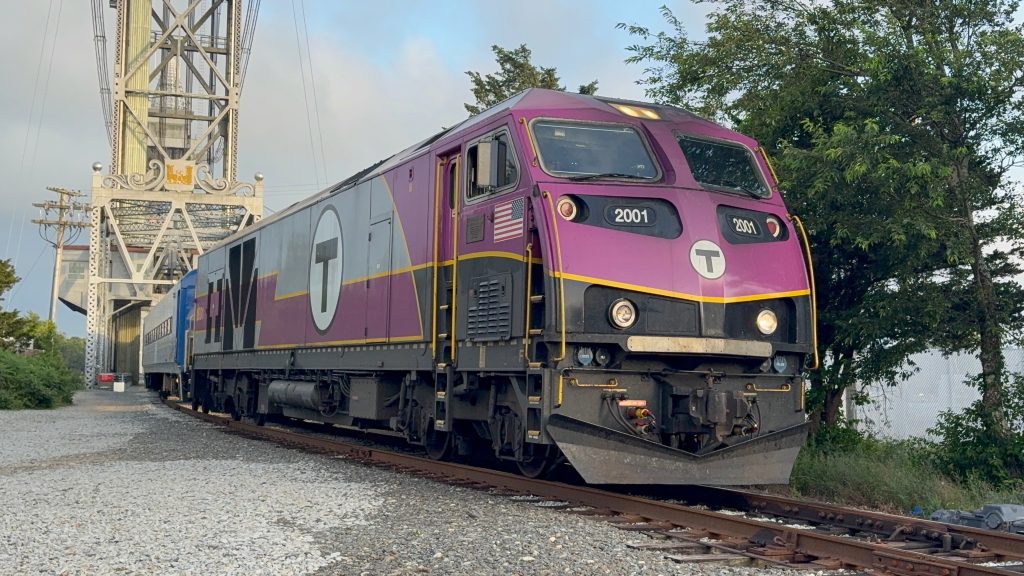 MBTA Cape Flyer going across the Cape Cod Canal Railroad Bridge in Bourne, Massachusetts