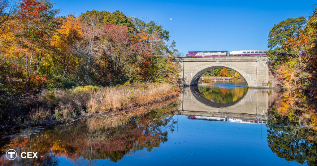 Commuter Rail train passing fall foliage in Massachusetts.