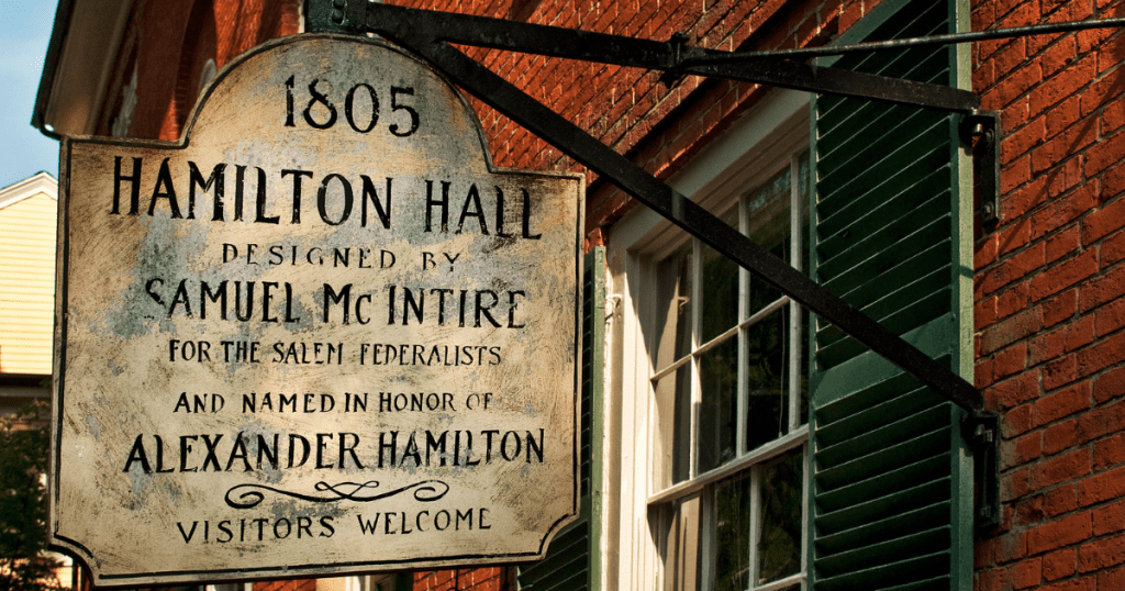 Hamilton Hall sign in Salem, Massachusetts.