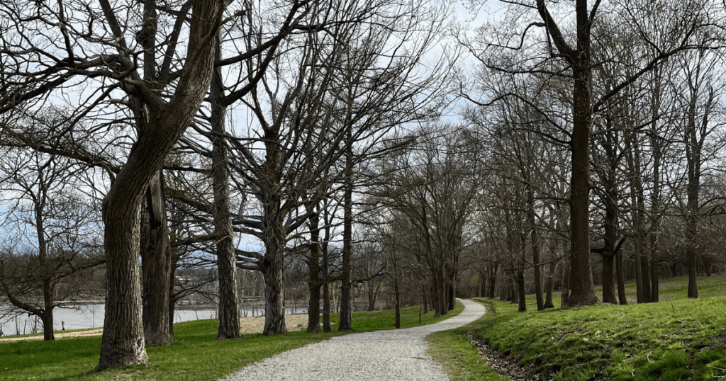 Bright winter day hiking along a carriage path at World's End in Hingham, Massachusetts.