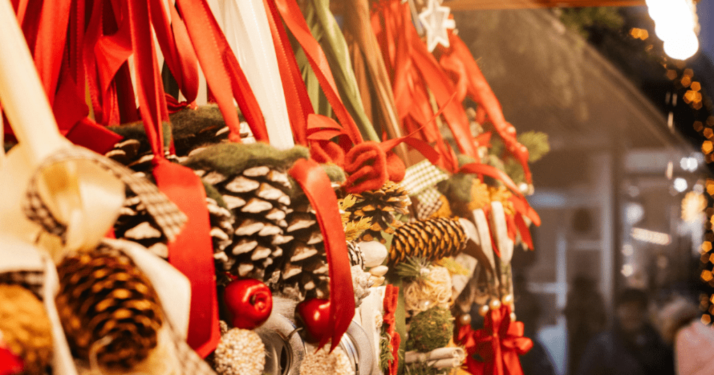 Close up of handcrafted ornaments at a holiday market in the greater Boston area