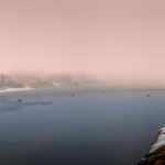 Peaceful foggy winter snowscape over the shoreline on Cape Cod, Massachusetts