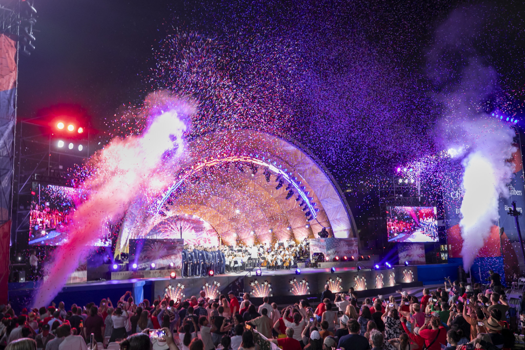 Boston Pops 4th of july event with fireworks going off.