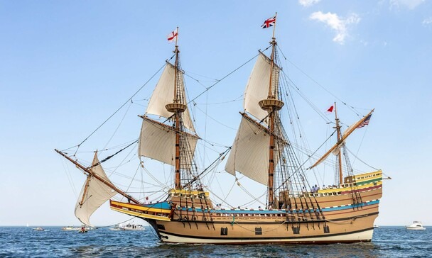 The Mayflower II sailing on a clear day in Plymouth, MA 