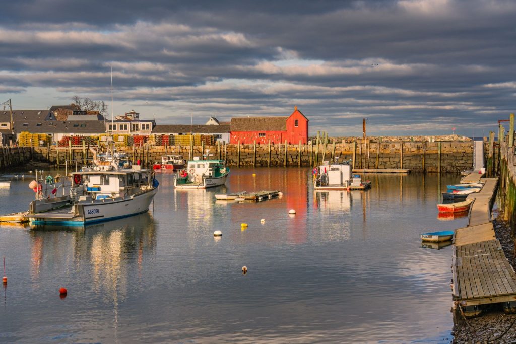  Rockport harbor with boats and Motiff #1 at sunset 