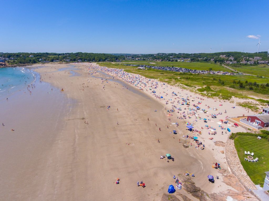 Aerial view of Good Harbor Beach on a summer day in Gloucester, MA